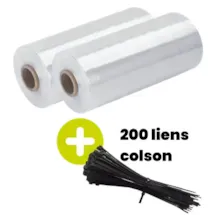 Lot de 2 bobines de sacs sans soufflets 920 x 1470 mm prédécoupés et de 200 liens colson 3,5 x 290 mm